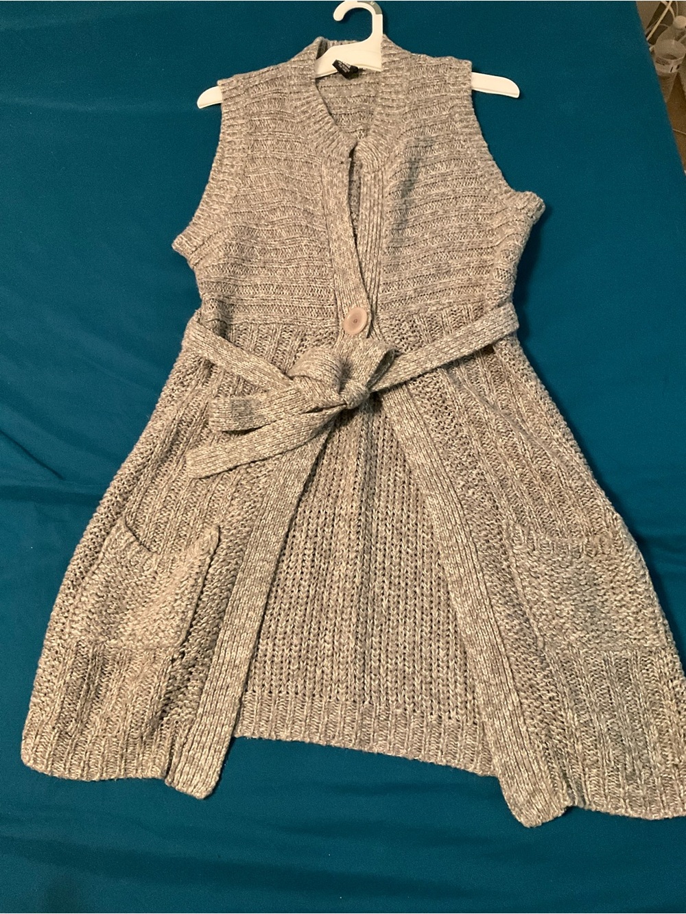 Sweater Project Gray Sleeveless Knit Cardigan with Belt